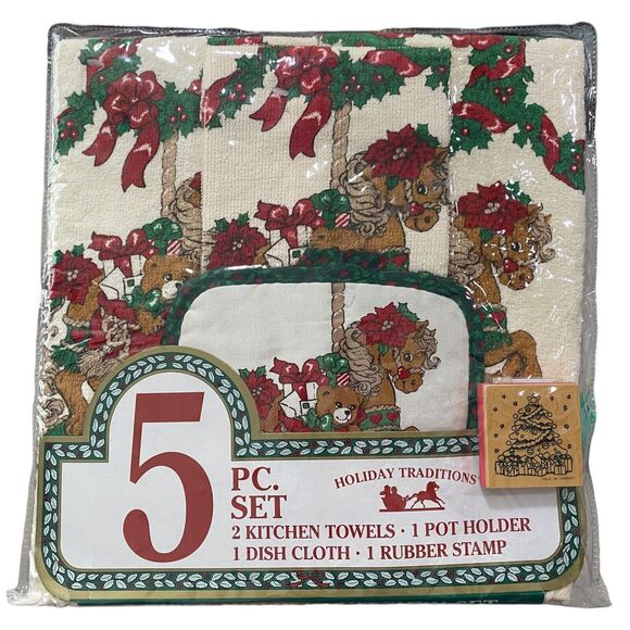 Vintage Holiday Traditions 5 pc Christmas Carousel Horse Kitchen Towel Set‎ - Picture 1 of 6